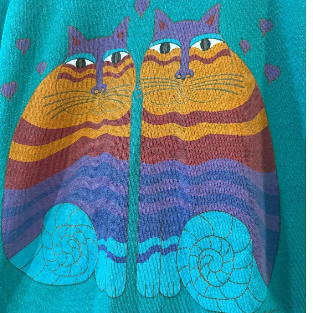 Vintage Laurel Burch Cat Graphic Sweatshirt Teal Green Large Made in USA 80s 90s - Picture 2 of 6